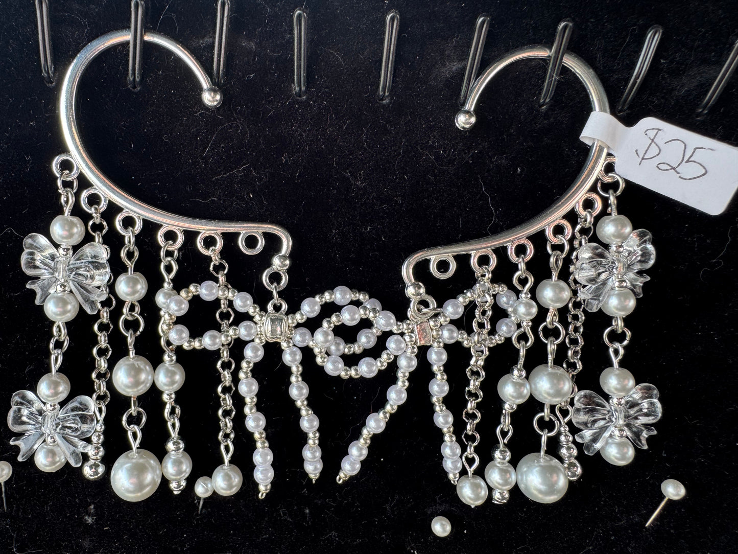 Silver Pearl Bow Ear Cuffs