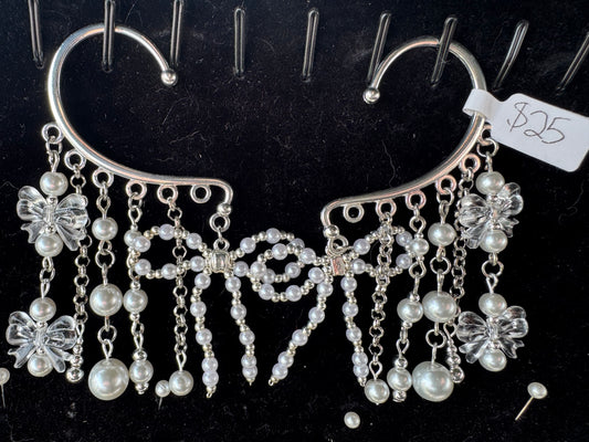 Silver Pearl Bow Ear Cuffs