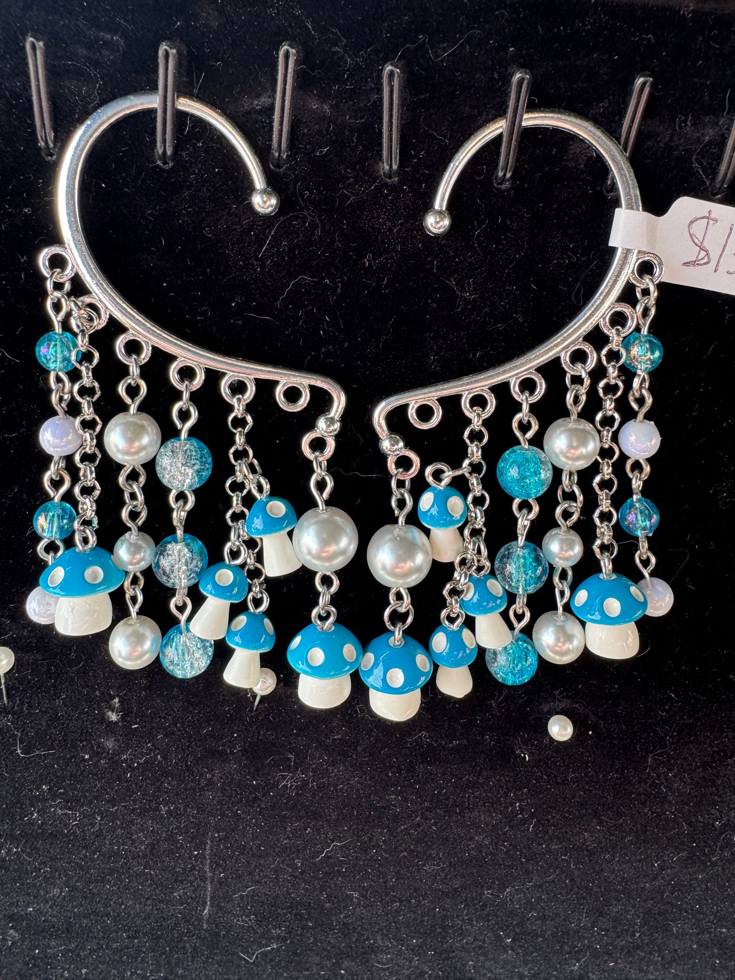 Silver Blue Mushroom Ear Cuffs