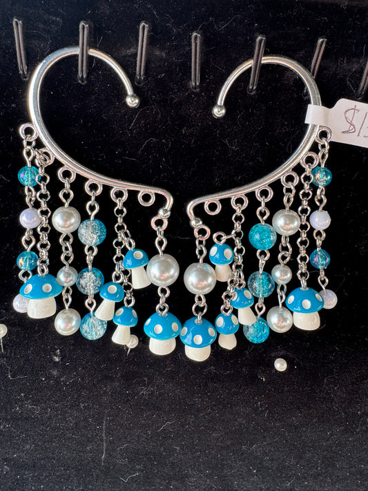 Silver Blue Mushroom Ear Cuffs